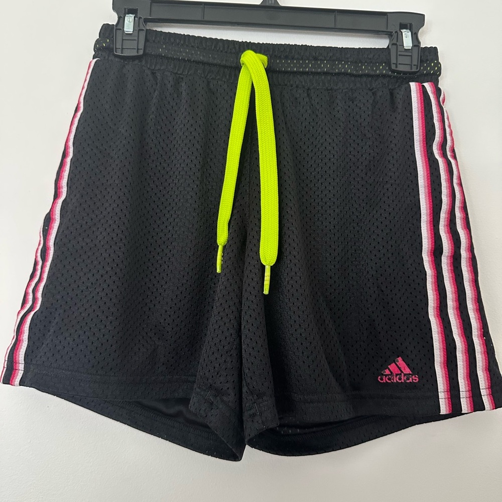 Adidas Women’s Black Mesh Athletic Shorts Pink Stripe Neon Drawstring Size S